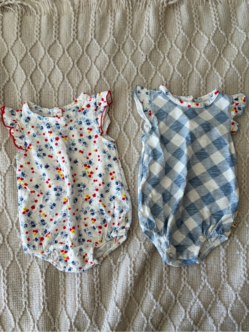 BearPaw Blue Gingham and White Floral Ruffle Romper Set